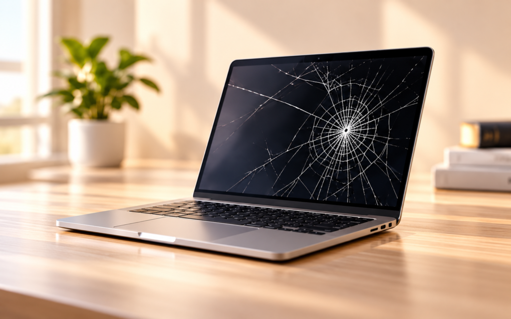 Ekranı çatlak MacBook ile arızalı bilgisayar değerlendirme görseli