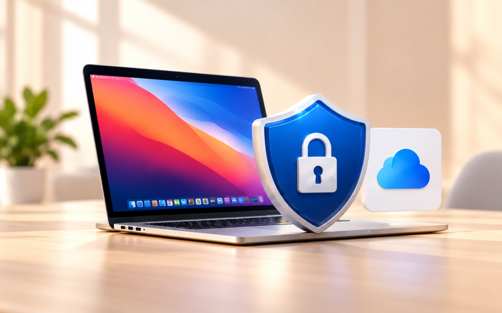MacBook ile güvenlik kalkanı ve bulut yedekleme simgesi