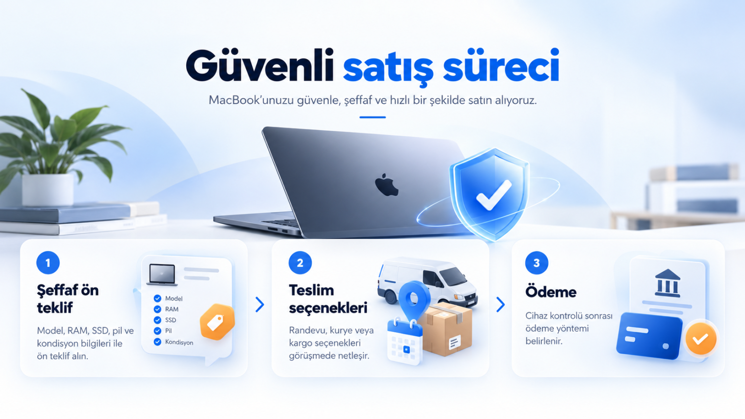 MacBook ve mavi güvenlik kalkanıyla şeffaf ön teklif, teslimat seçenekleri ve ödeme aşamalarını gösteren Güvenli satış süreci görseli
