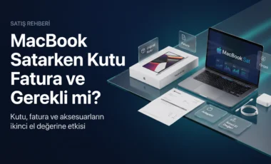 MacBook satarken kutu, fatura ve aksesuarların ikinci el değerine etkisini anlatan rehber görseli