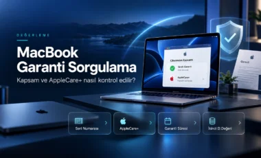 MacBook garanti sorgulama, AppleCare+ kapsamı, seri numarası ve garanti süresini anlatan rehber görseli