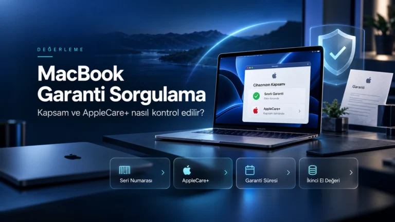 MacBook garanti sorgulama, AppleCare+ kapsamı, seri numarası ve garanti süresini anlatan rehber görseli