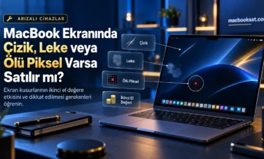 MacBook ekranında çizik, leke ve ölü piksel örnekleri ile ikinci el satış değerlendirmesi
